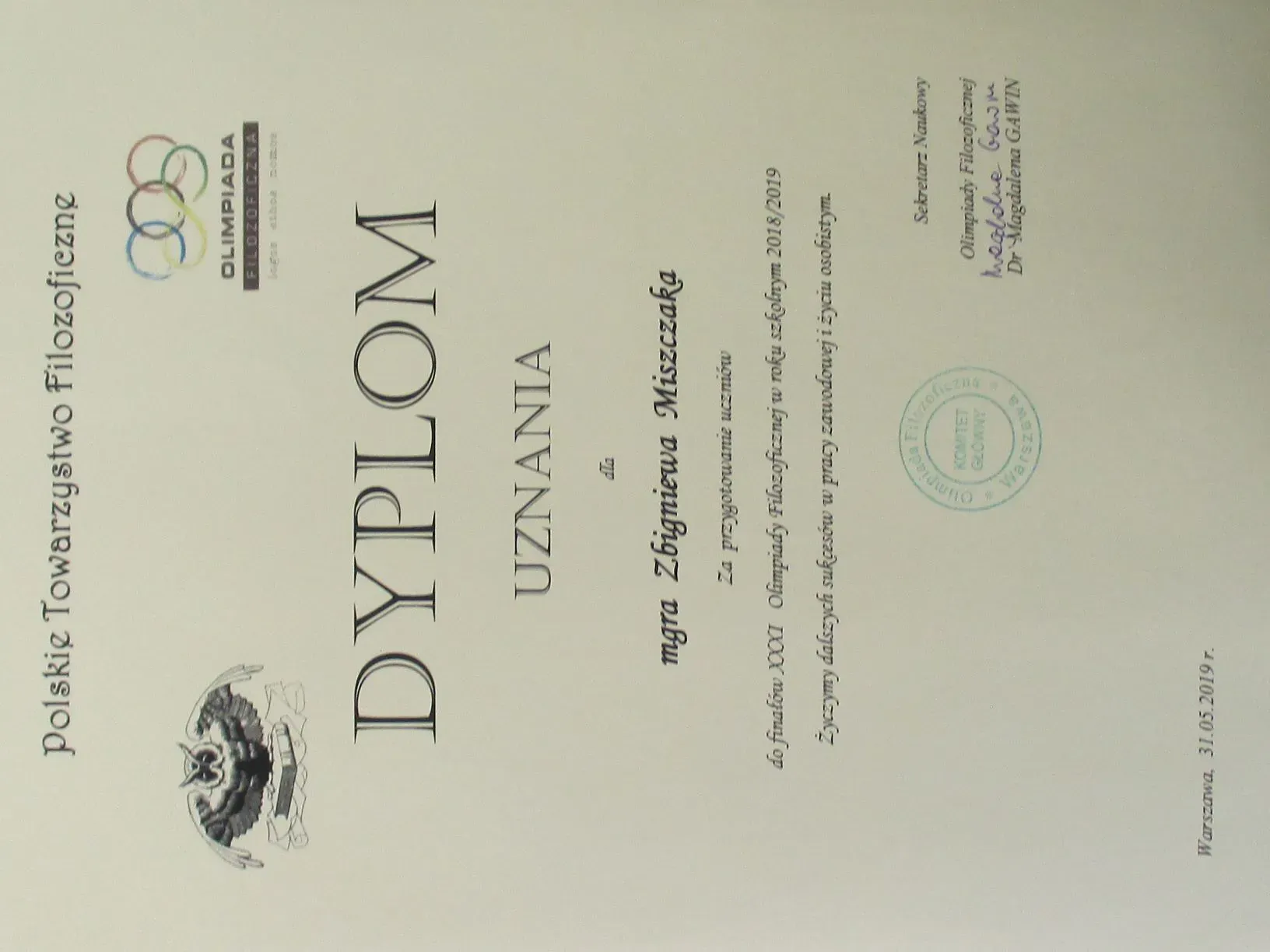 świadectwo udzielenia zamówienia osoby posiadającej medal